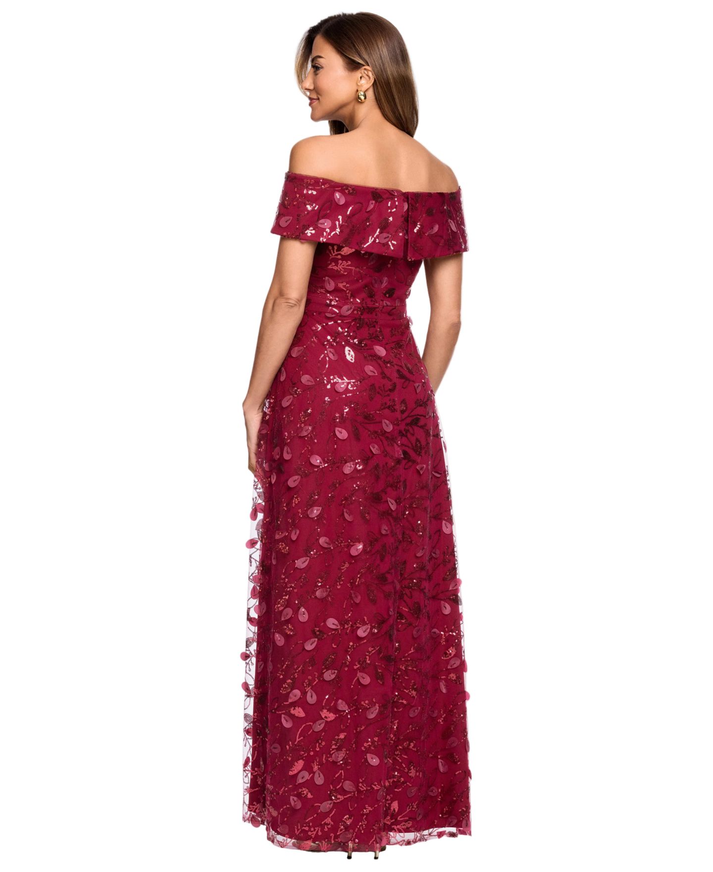 Женские платья XSCAPE Petite 3D Embellished Mesh Off-The-Shoulder Ball Gown, цвет: Винный — фото 4