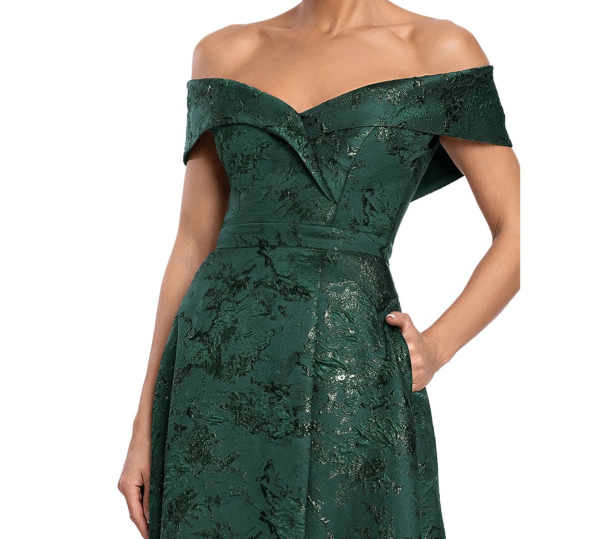 XSCAPE Petite Off-The-Shoulder Brocade Print Ball Gown view 2 — MAYCSS fashion products