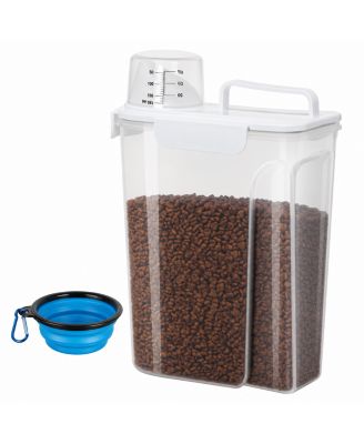 Airtight Pet Dry Food Storage Container with Pour Spout Portable Handle and Collapsible Bowl