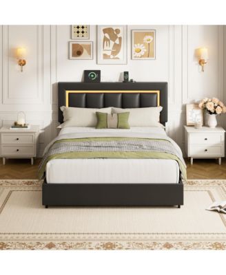 Bed Frame with 4 Drawers, Pu Leather Platform Bed with Led Lights and Charging Station for Bedroom