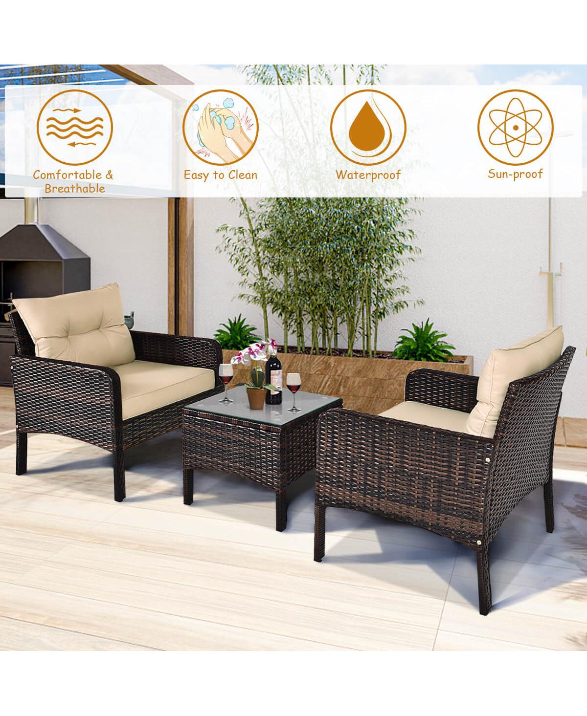 Costway 3 Pieces Patio Pe Wicker Furniture Set with Cushions and Tempered Glass Coffee Table