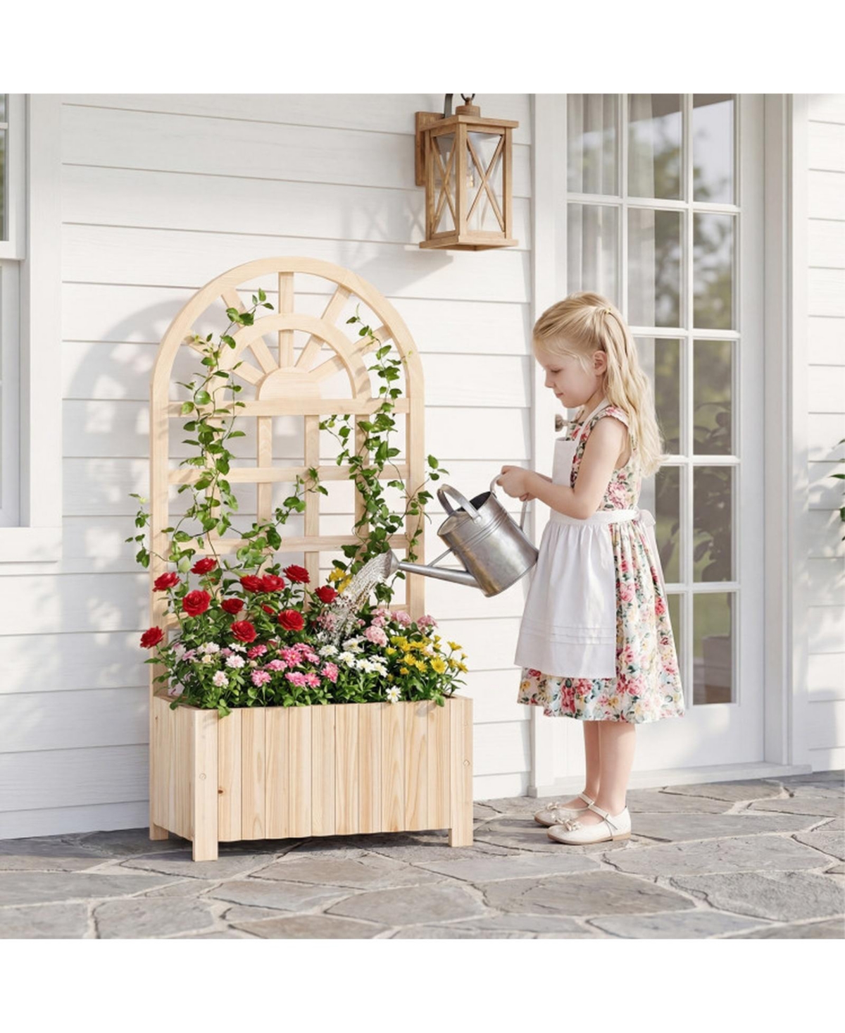 Gouun 48 in Solid Wood Raised Garden Bed with Lattice Trellis Screen