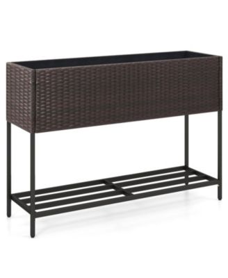 Elevated Wicker Raised Garden Bed with Storage Shelf and Drainage Gaps