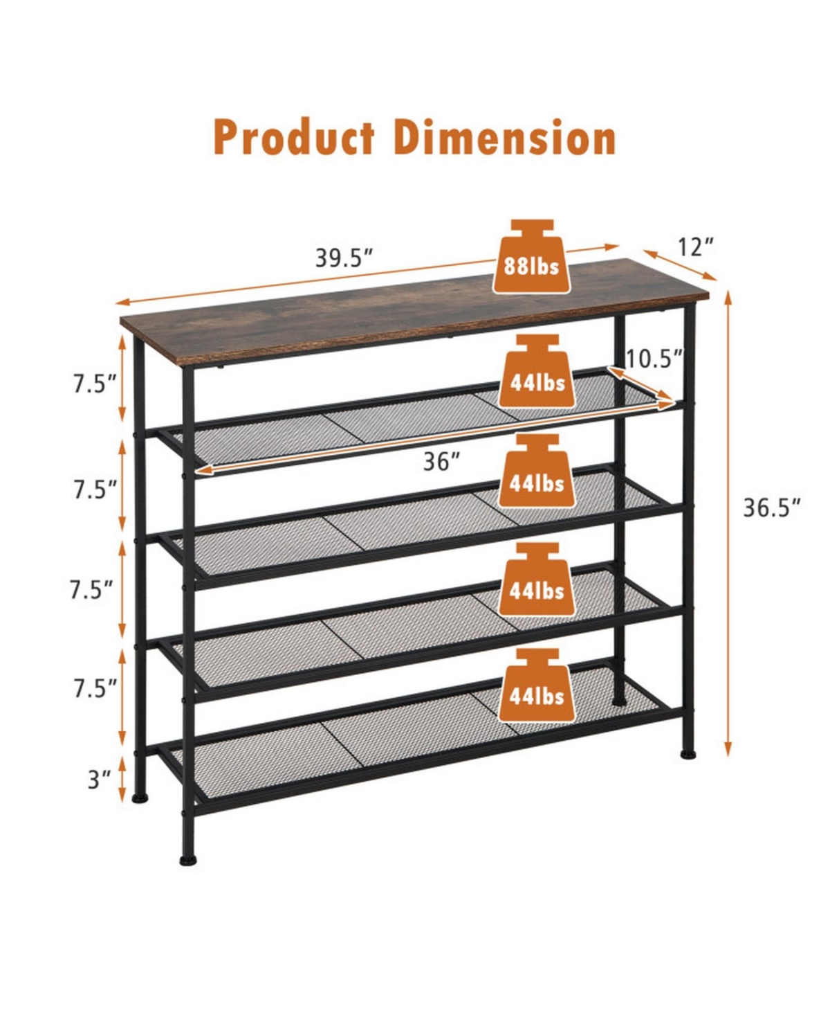 Gouun Industrial 5-Tier Metal Shoe Rack with 4 Mesh Shelves