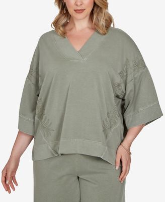 Plus Size Tropical Embroidered French Terry Knit Top