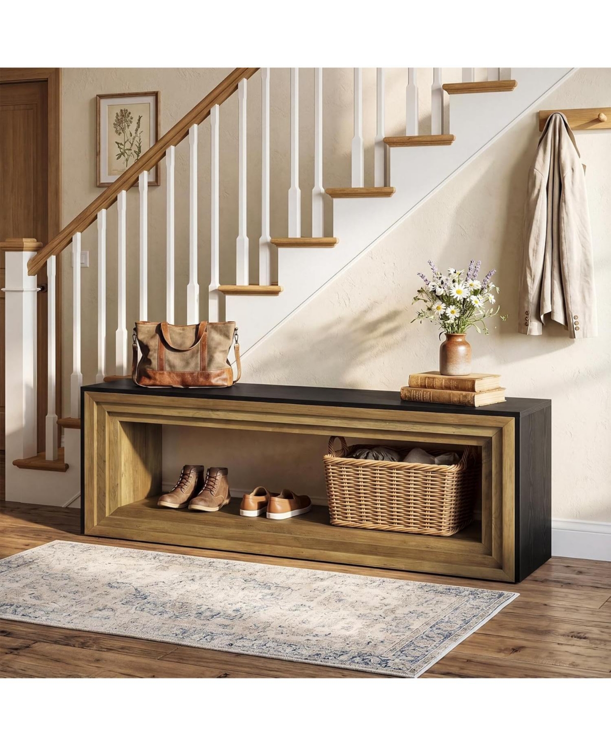 Tribesigns 63" Long Entryway Bench with Shoe Storage, 2-Tier Farmhouse Shoe Bench Wooden Indoor Seating with Layered Design