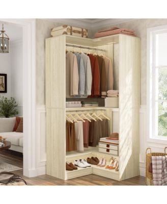 Freestanding Corner Closet System with 2 Hanging Rods and Shoes Shelf