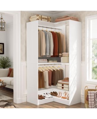Freestanding Corner Closet System with 2 Hanging Rods and Shoes Shelf