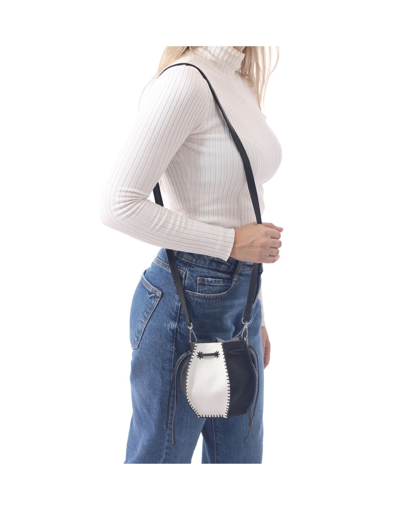 Сумка Carlos Falchi Mini Bucket Leather Pouch, цвет: Чёрный белый — фото 8