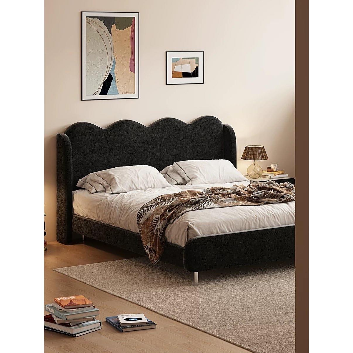 homfan Upholstered Wingback Platform Bed with Scalloped Edges and Velvet Tufted Headboard, Easy Setup