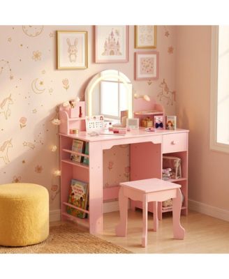 LED Lighted Kids Vanity Table with Mirror, Stool, Bookshelf and Storage – Princess Wooden Makeup Desk for Girls Bedroom or Playroom