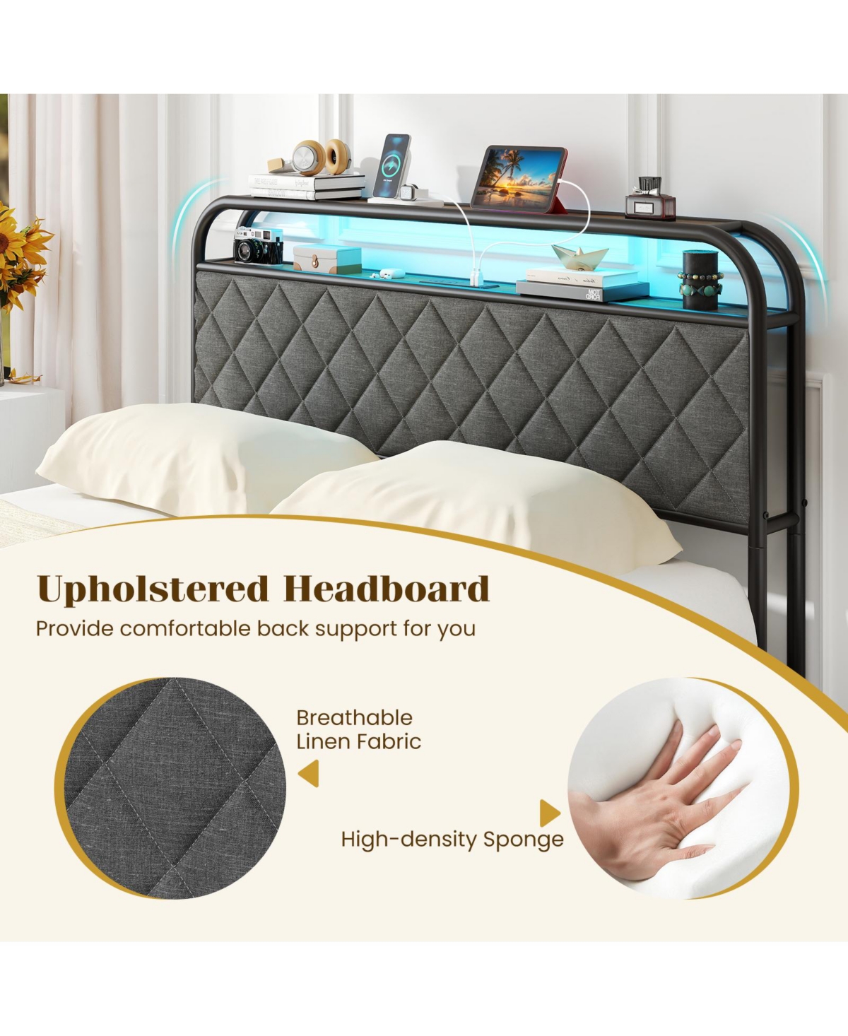 Slickblue Modern Platform Bed Frame with Led Lighting and Power Outlet