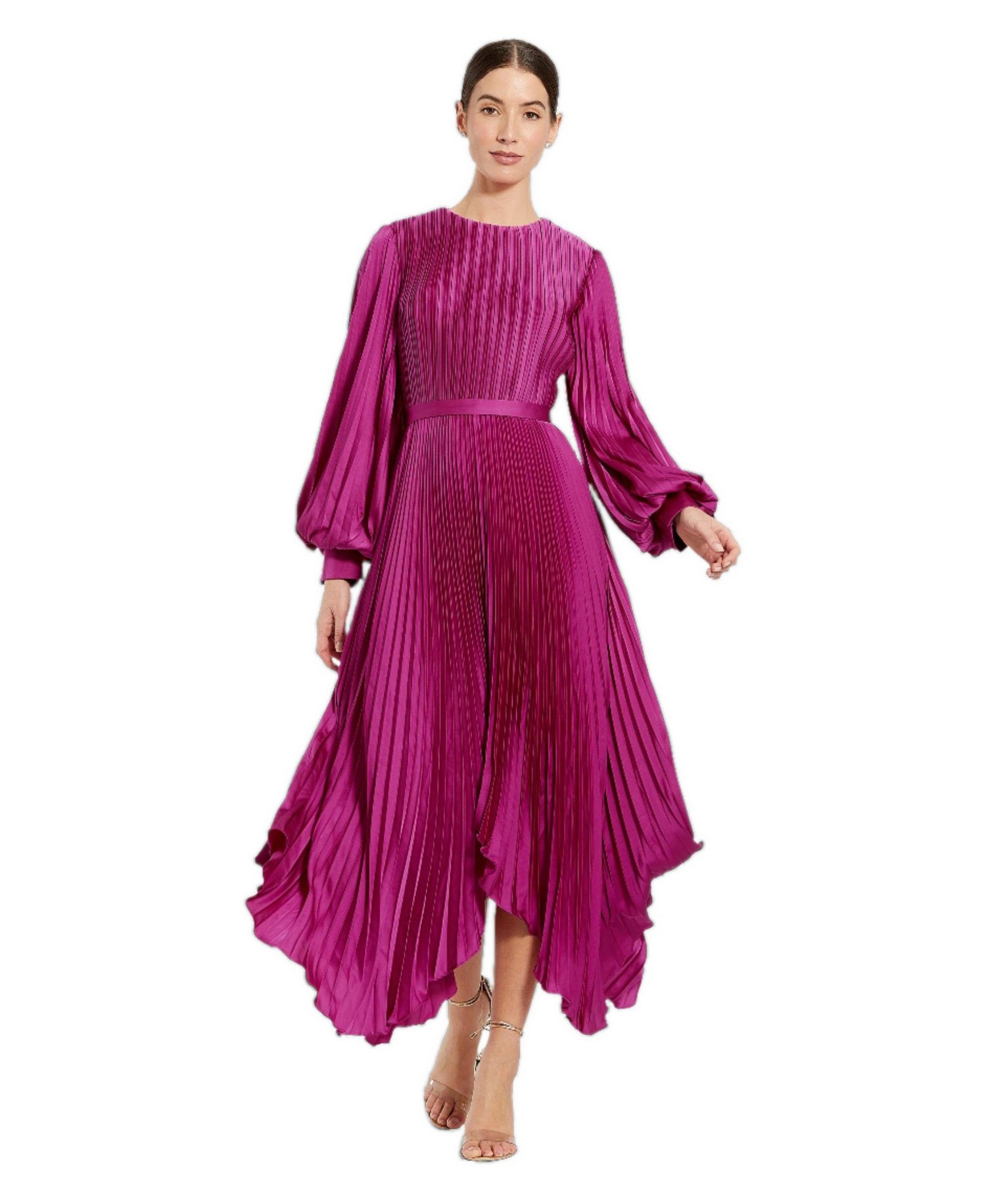 Petite Long Sleeve Pleated Charmeuse Handkerchief Midi Dress