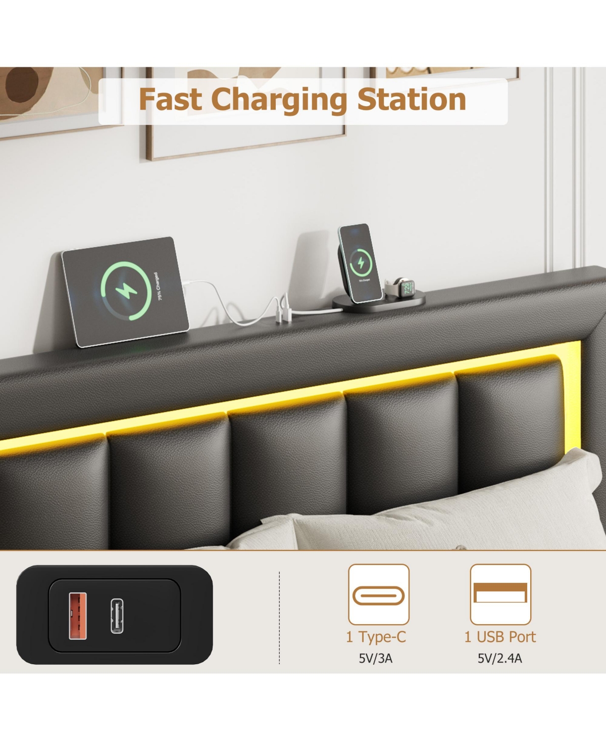 Homfan Led Bed Frame with 4 Drawers, Pu Leather Platform Charging Station for Bedroom