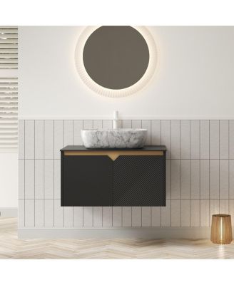 Wall Mounted Bathroom Vanity with Sintered Stone Top, Volakas Marble Pattern Sink, Soft Close Doors, Modern Floating Cabinet