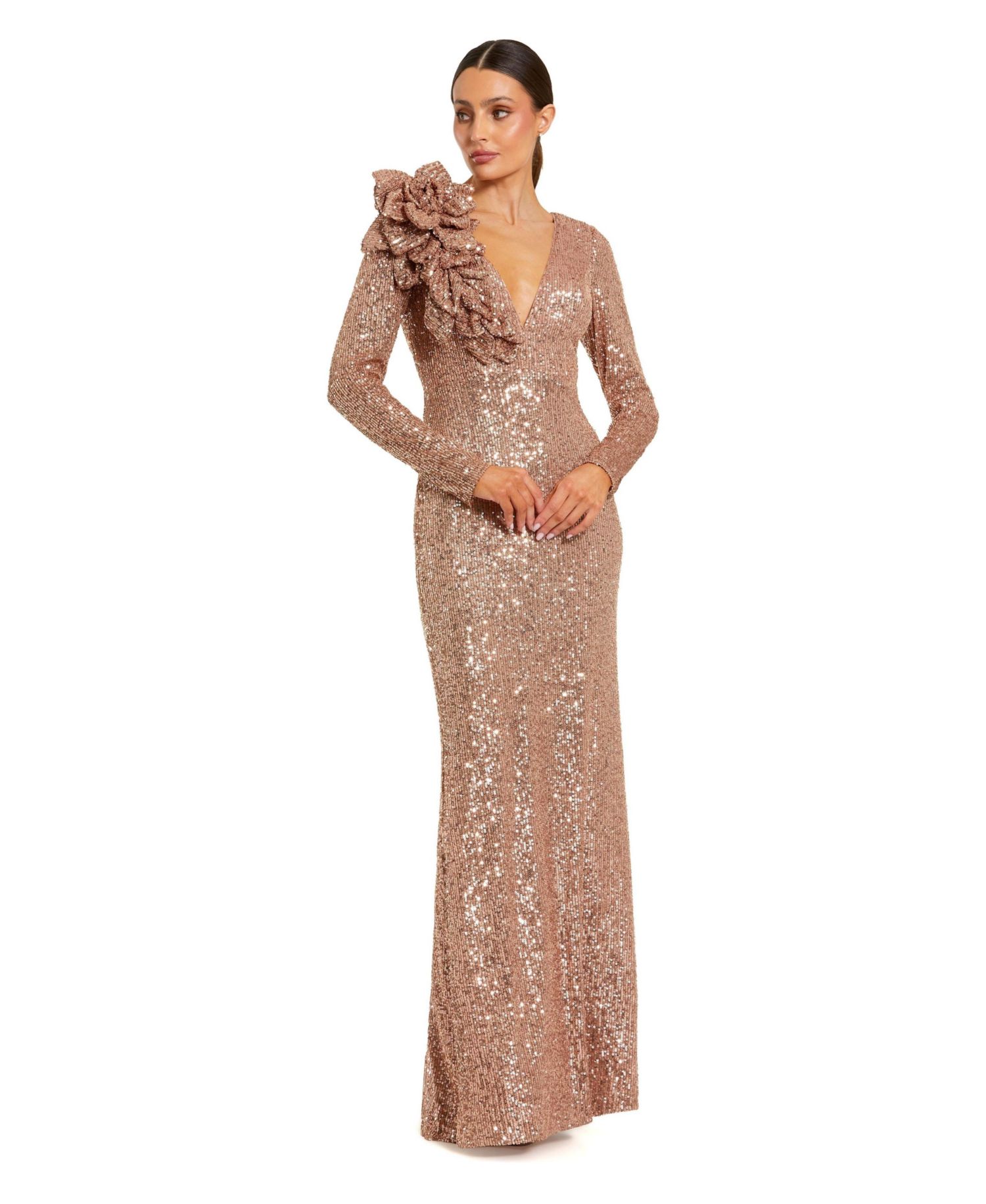 Women's V-Neck Sequin Evening Gown with 3D Floral Applique