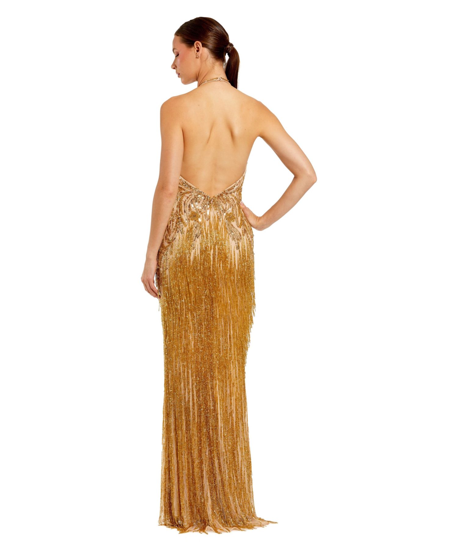 Women's Embellished Halter Gown with Fringe Slit