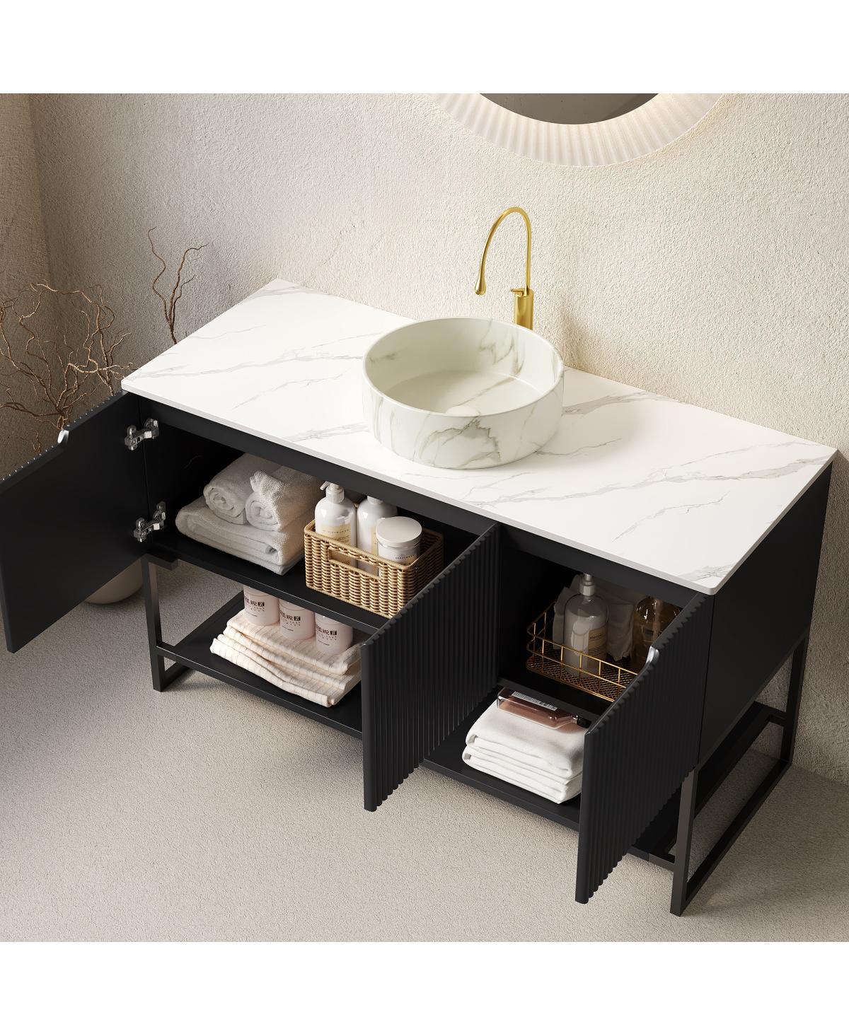 Sillysis 48 Inch Modern Bathroom Vanity with Sintered Stone Countertop, Ceramic Vessel Sink, Soft Close Doors, Open Shelf