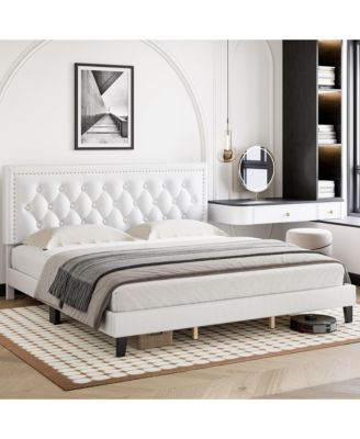 Modern Bed Frame with Leather Headboard, Exquisite Diamond and Rivet Detailing, Wood Slats Support, Easy Assembly, Noise-Free