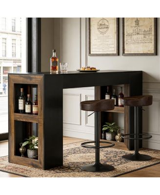 63 Inch Rustic Bar Table, Counter Height Pub Table with Dual-Side Storge Shelves for Kitchen, Dining Room, Bistro