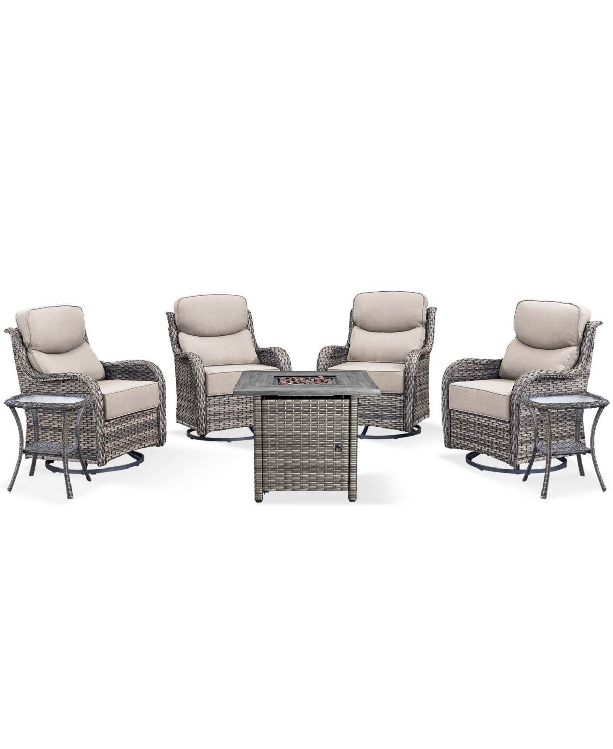 Pocassy Patio Rocking Swivel Chair with Fire Pit Table Outdoor Wicker Rattan Bistro Set Tempered Glass Side
