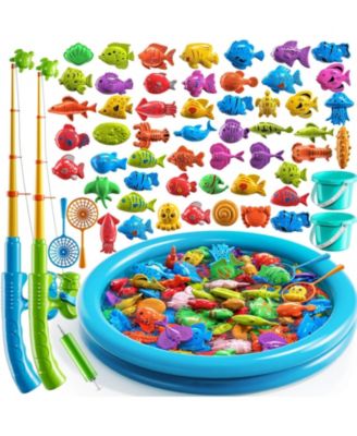 60 Pieces Fishing Game Floating Fish Inflatable Pool Pole Rod Net Bath Toy