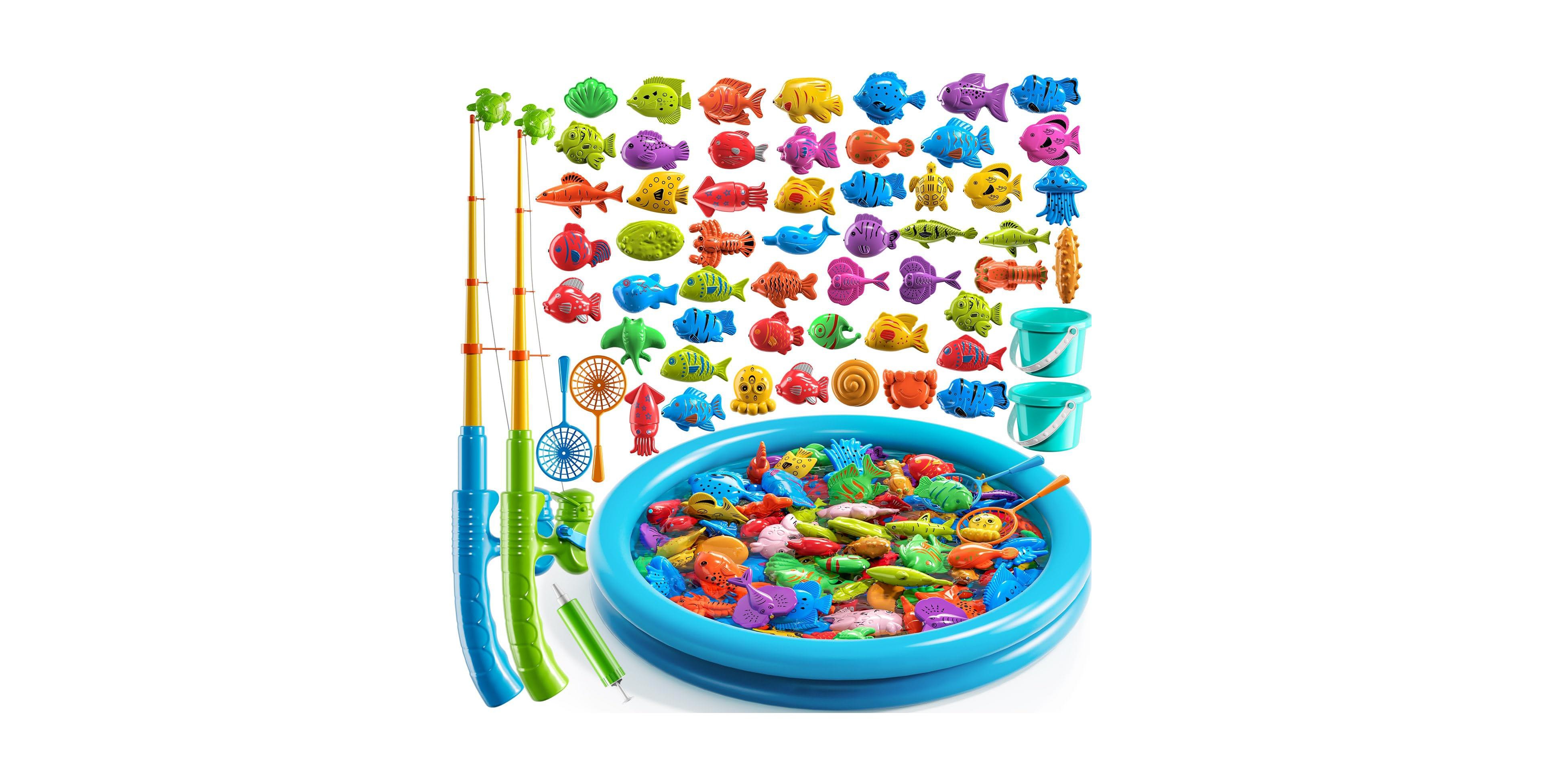 Gnuadz 60 Pieces Fishing Game Floating Fish Inflatable Pool Pole Rod Net Bath Toy