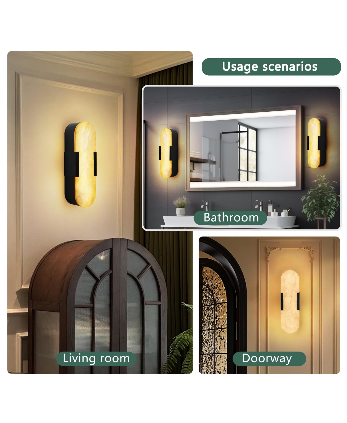 Midola 13.8" Natural Marble Wall Sconce, Black Sconces Set of Two, Indoor Modern Bathroom Sconces Wall Lighting for Living Room, Bedroom