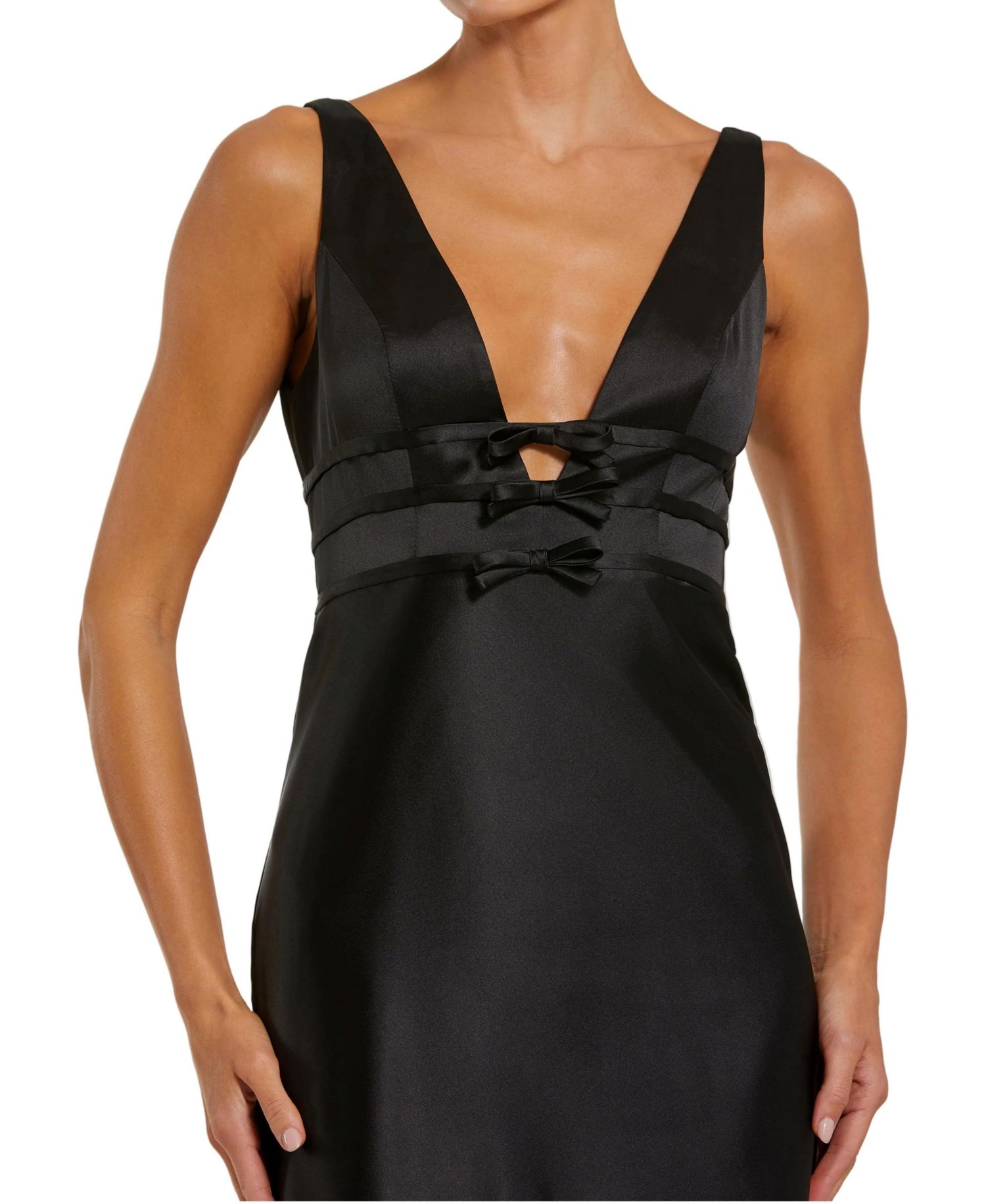 Women's Sleeveless V Neck Satin Gown With Bow Details