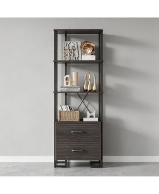 Industrial Steel-Wood Storage Bookcase, Multi-Shelf Cabinet with Hidden Drawers and Anti-Tip Device, Easy Assembly Home Office Organizer