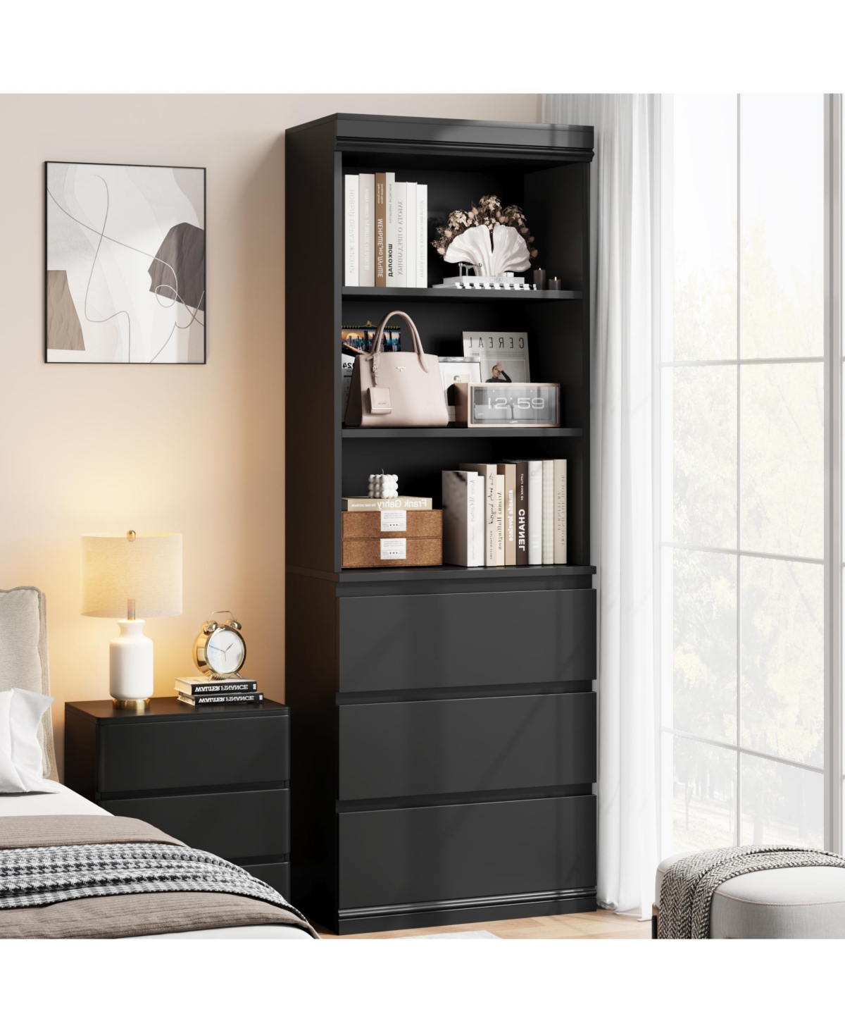homfan 70 Inch Tall Bookcase with 3 Drawers and 3 Open Shelves, Modern Storage