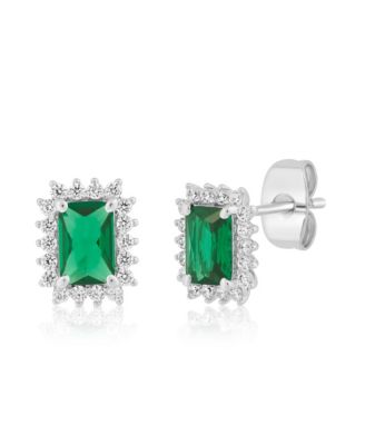 Simona Elegant Rectangle Birthstone Cz Halo Studs - May - emerald
