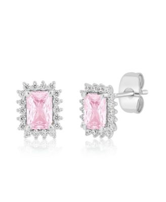 Elegant Rectangle Birthstone CZ Halo Studs