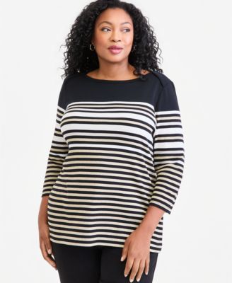 Plus Size Striped Boat-Neck 3/4-Sleeve Top