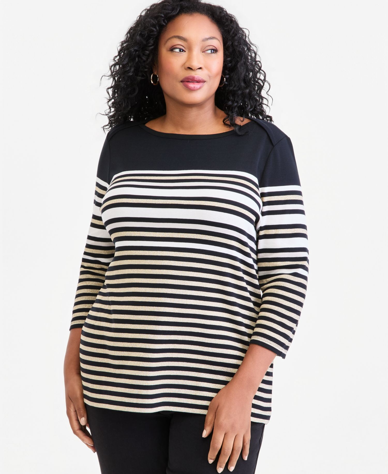 Petite Printed Pima Cotton 3/4-Sleeve Boat-Neck Top