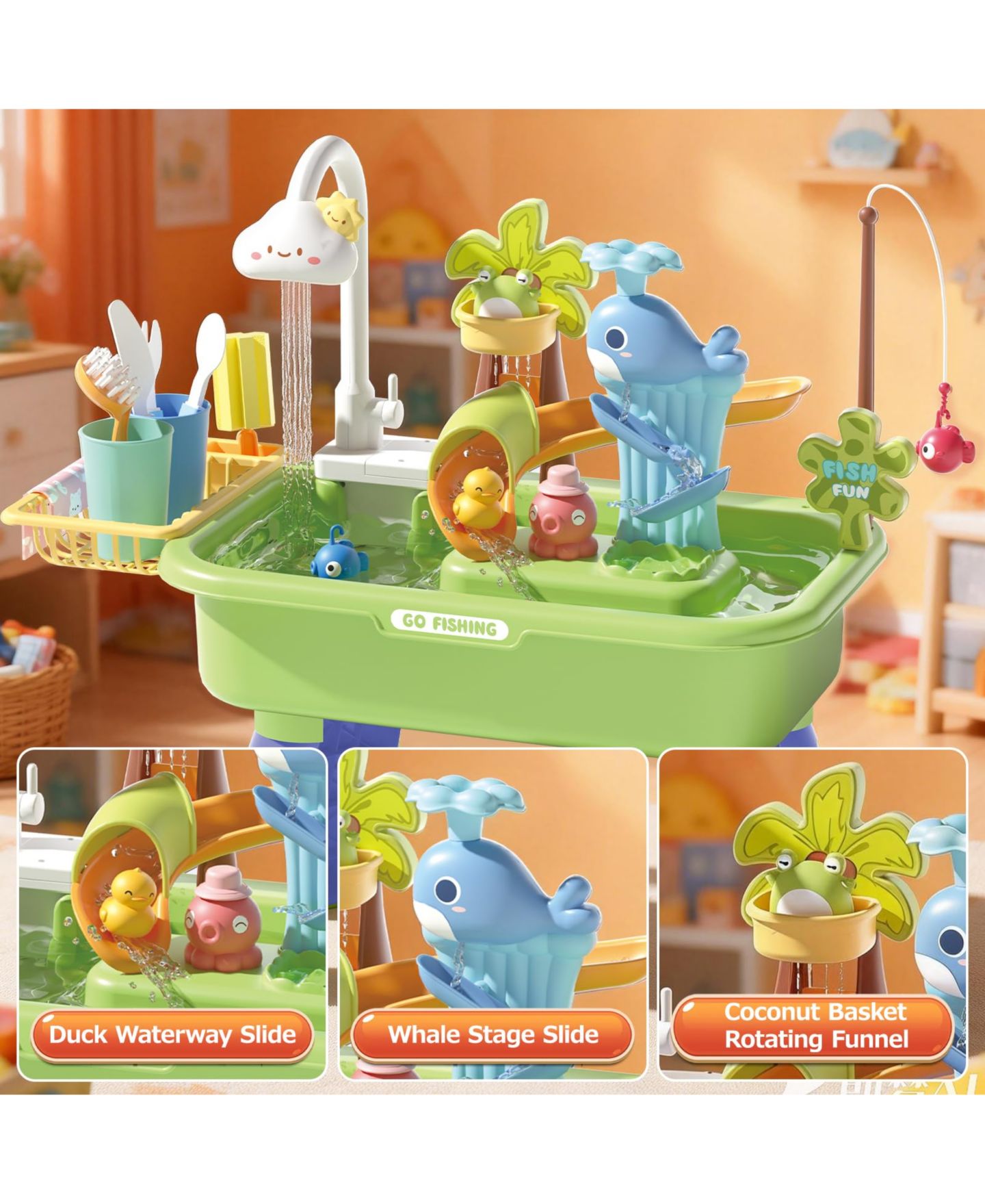 Детская игрушка GNUADZ Sand Water Table Fishing Game, 22-Piece Playset, 4L Capacity, Ages 5-7, цвет: Зелёный — фото 2