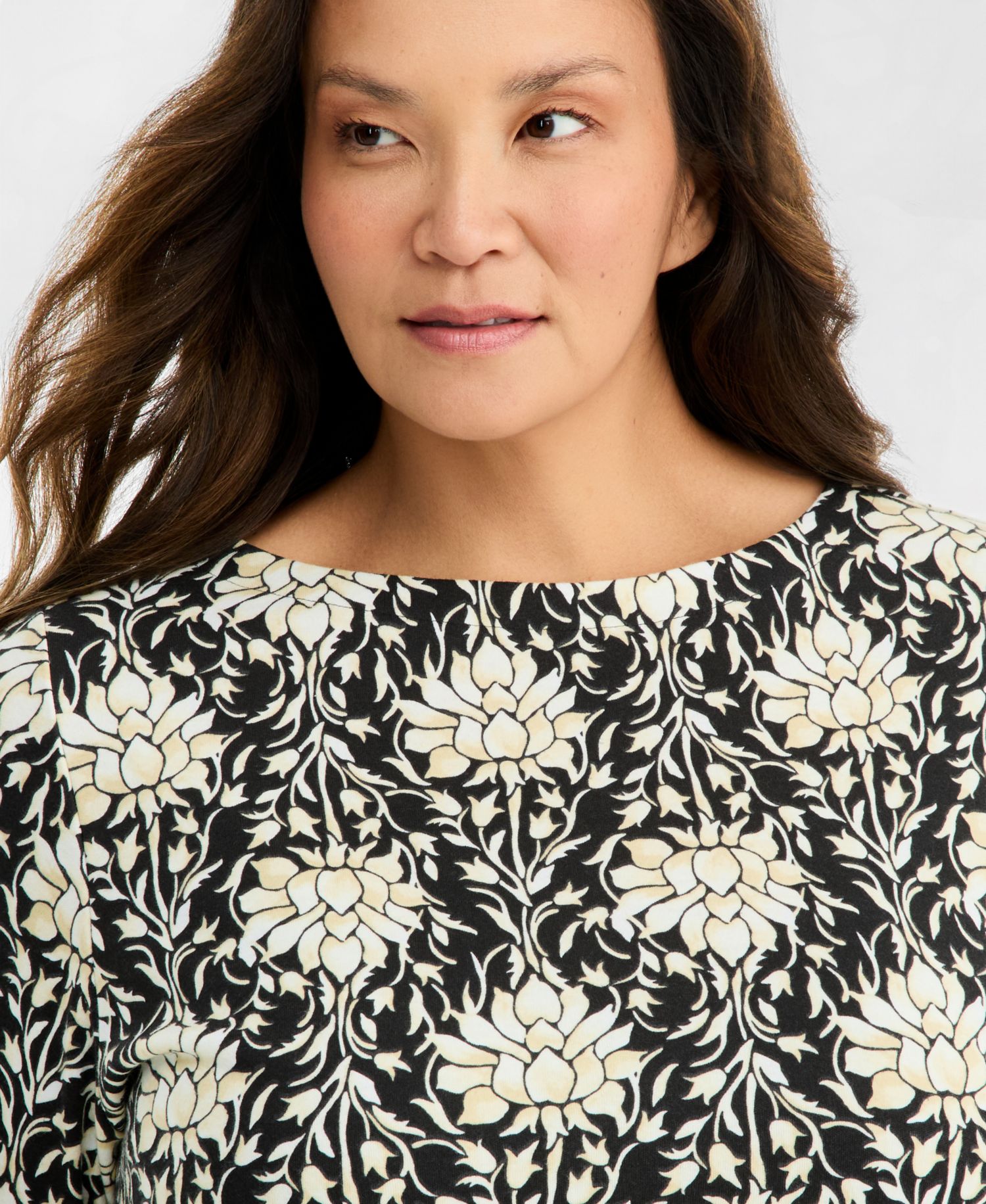 Plus Size Printed Boat-Neck Elbow Sleeve Top