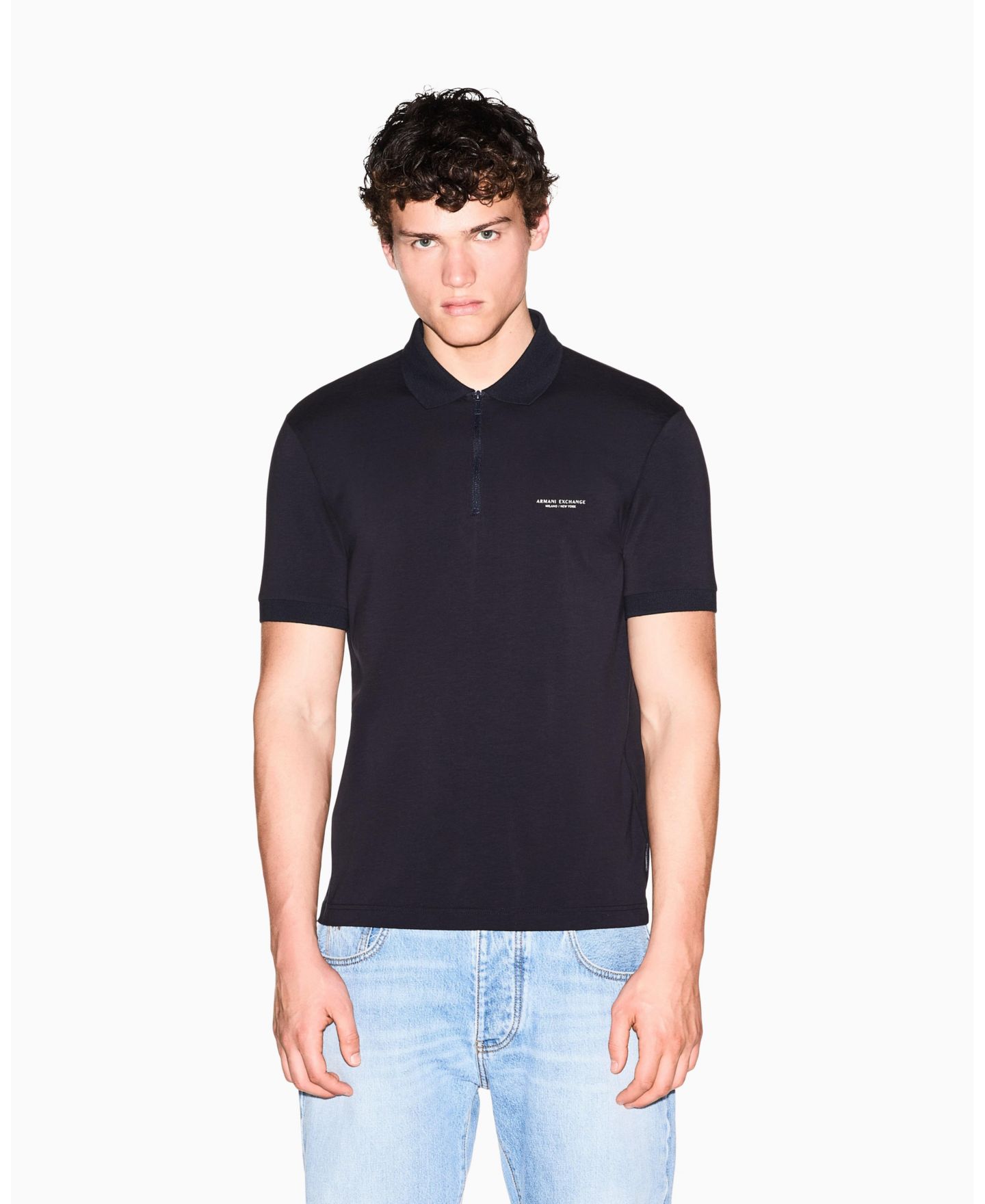 Мужское поло A|X Armani Exchange Short Sleeves Zip Cotton Polo Shirt, цвет: Глубокий тёмно-синий — фото 1