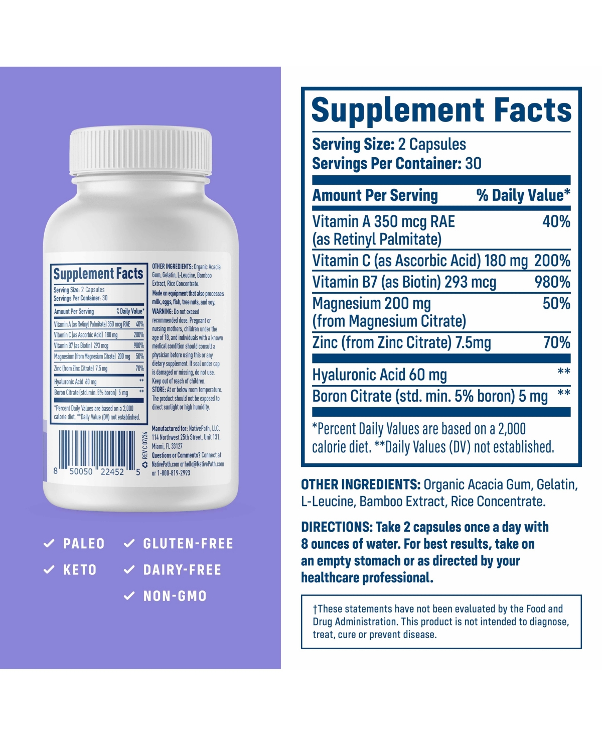NativePath Collagen Care+, 5 Vitamin Blend with Hyaluronic Acid and Boron that Supports Collagen for Men and Women, 60 Capsules