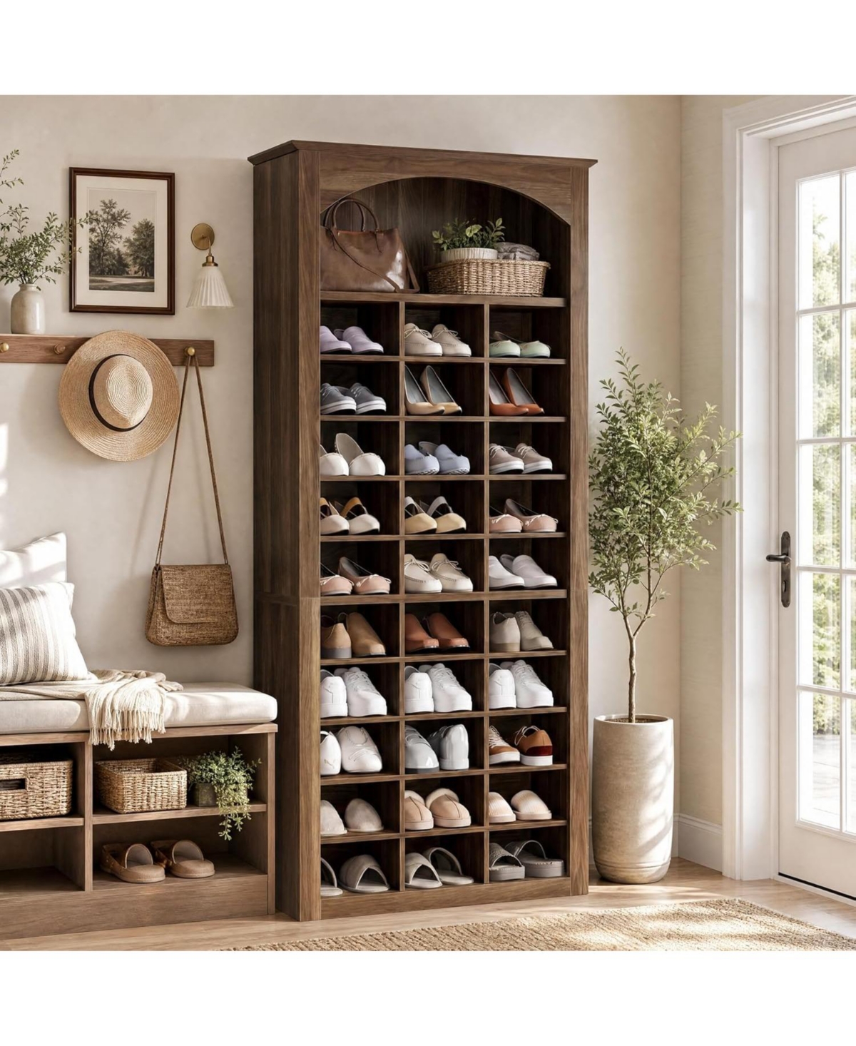 Tribesigns Tall Shoe Cabinet, 30-Cube Large Capacity Shoe Organizer with Arched Display Shelf, Rustic Entryway Storage