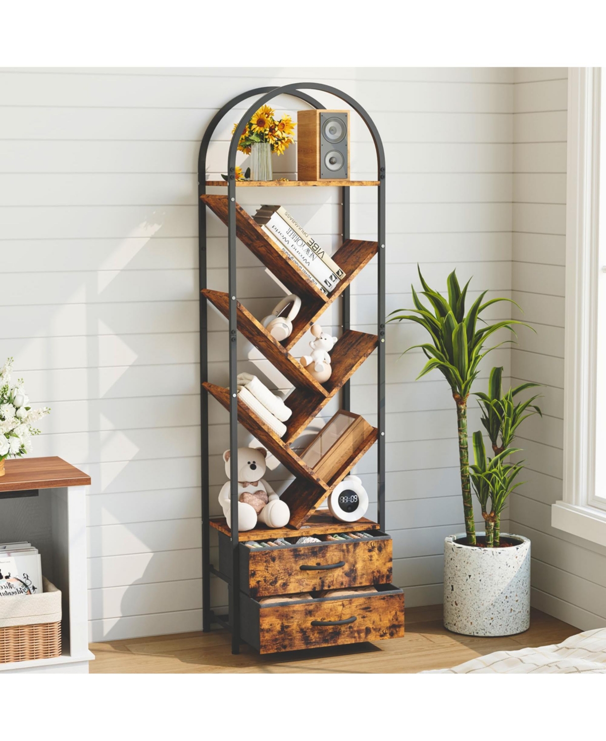 Gaomon Tree Bookshelf with 2 Fabric Drawers, 6-Tier Tall Narrow Bookcase for Small Spaces, Industrial Book Shelf Organizer for Bedroom Living Room