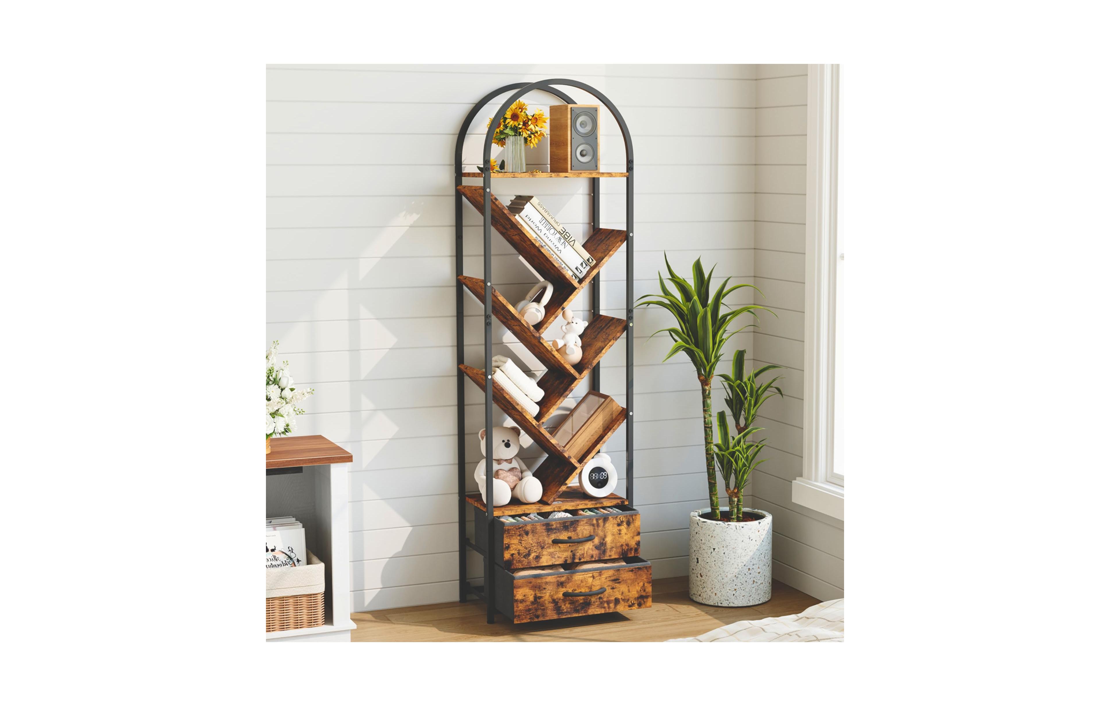 Gaomon Tree Bookshelf with 2 Fabric Drawers, 6-Tier Tall Narrow Bookcase for Small Spaces, Industrial Book Shelf Organizer for Bedroom Living Room