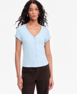 Women's Ruffle-Trim Button-Front Short-Sleeve Ribbed Top