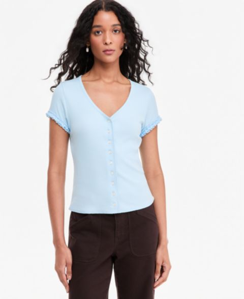 Женский топ On 34th Ruffle-Trim Button-Front Short-Sleeve Ribbed Top, цвет: Синий