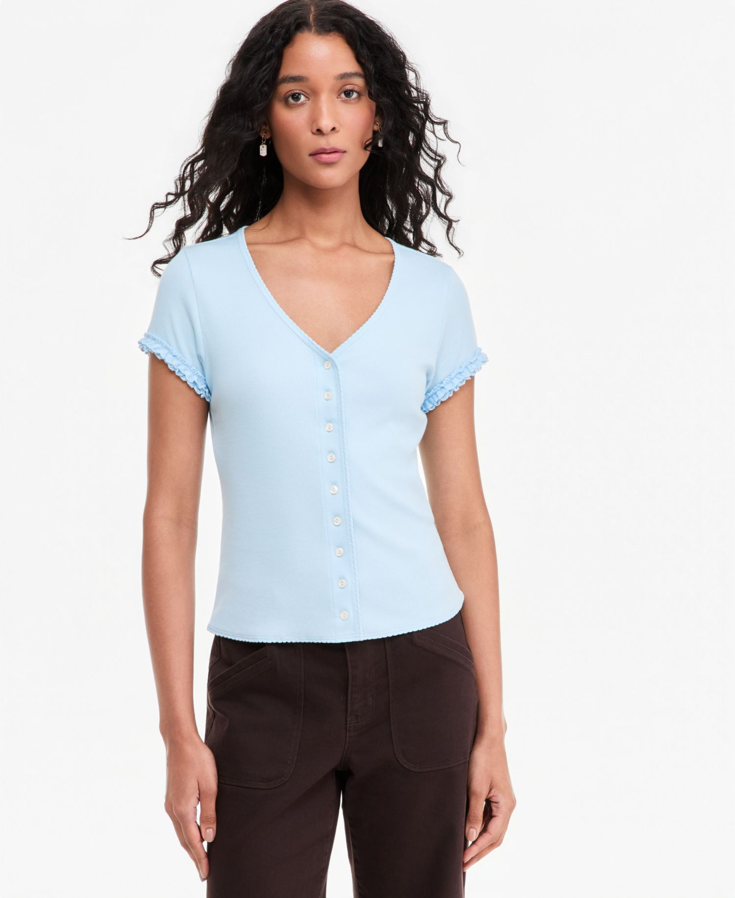 Women's Ruffle-Trim Button-Front Short-Sleeve Ribbed Top