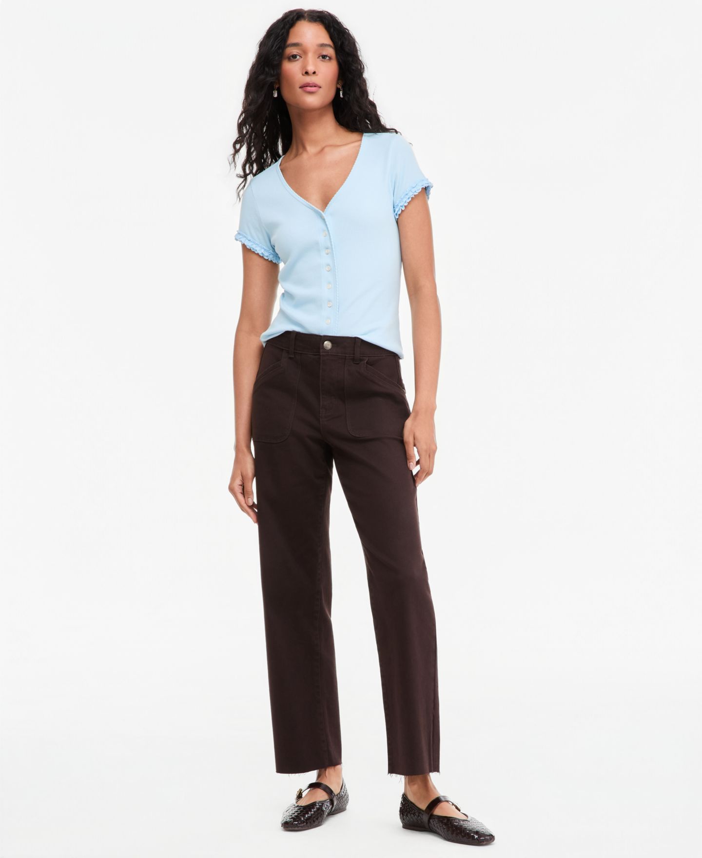 Женский топ On 34th Ruffle-Trim Button-Front Short-Sleeve Ribbed Top, цвет: Синий — фото 3