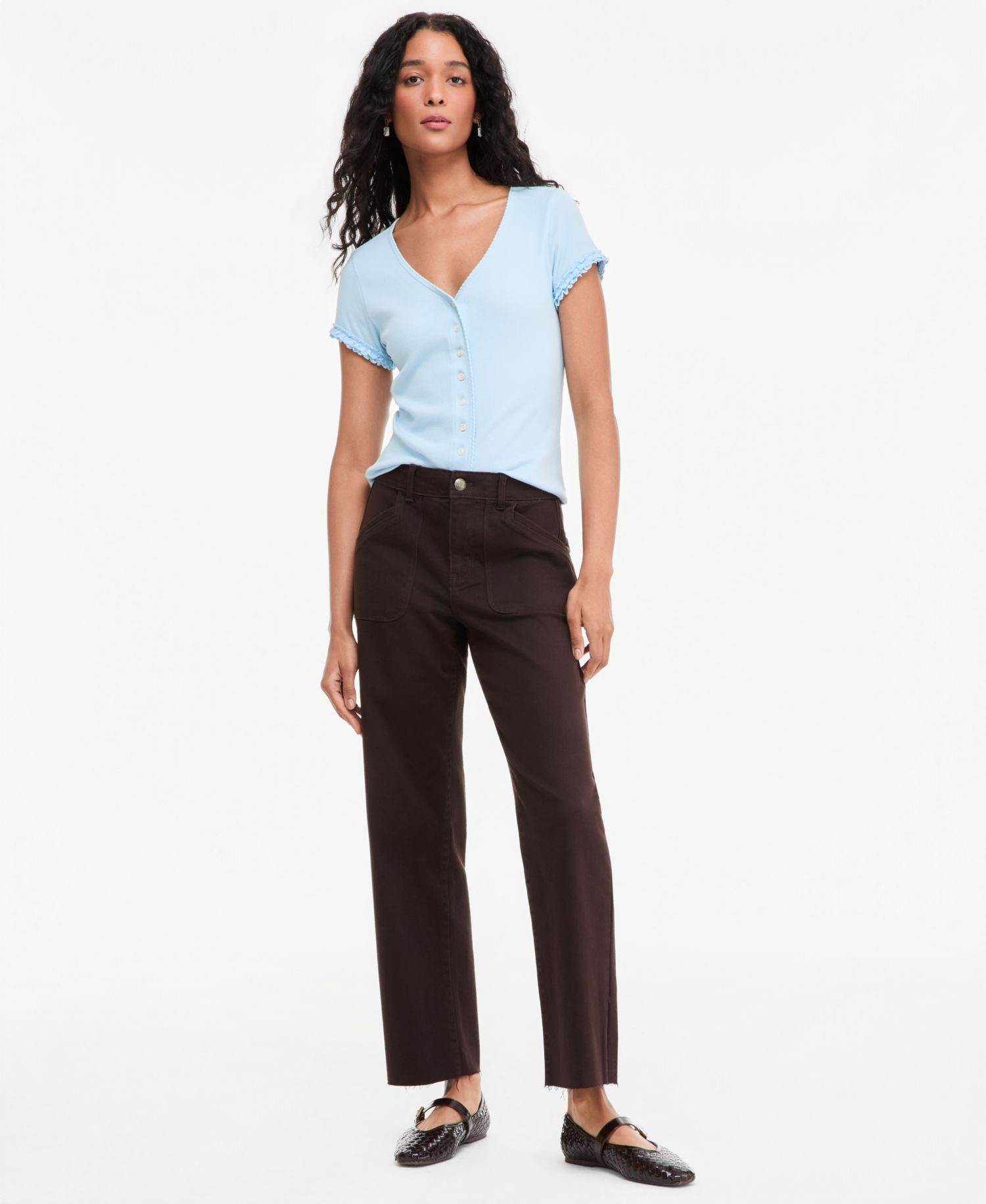 Women's Ruffle-Trim Button-Front Short-Sleeve Ribbed Top