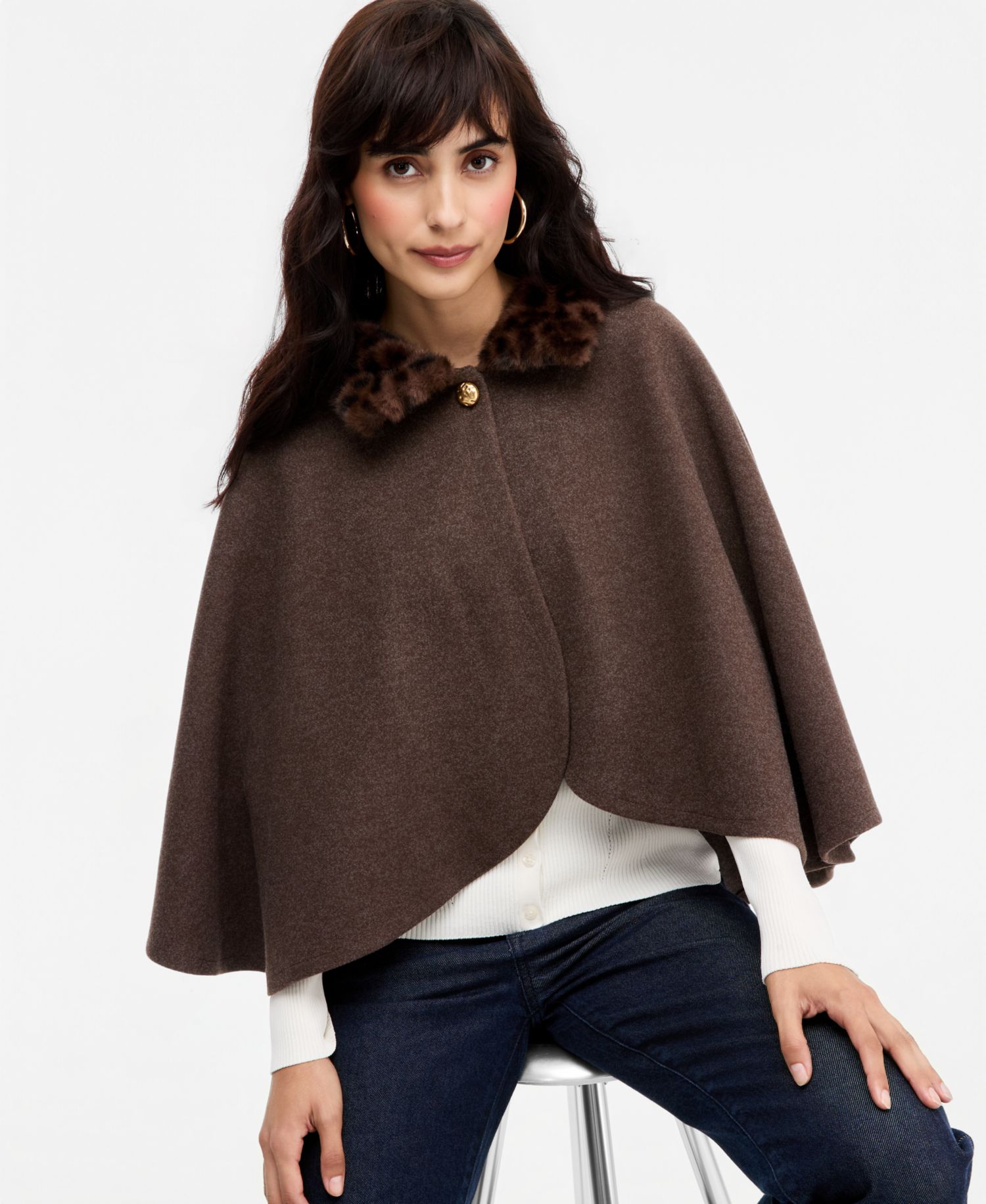 Women's Solid Faux-Fur Animal-Print-Collar Cropped Cape