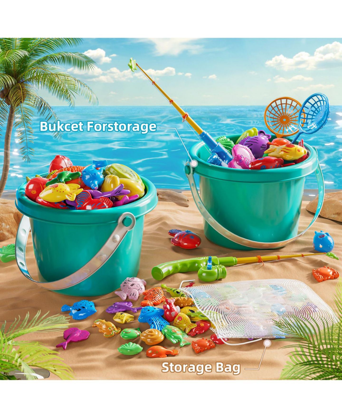 Детские игрушки GNUADZ 60-Piece Magnetic Fishing Inflatable Pool Game Set, Ages 5+, цвет: Разноцветный — фото 4