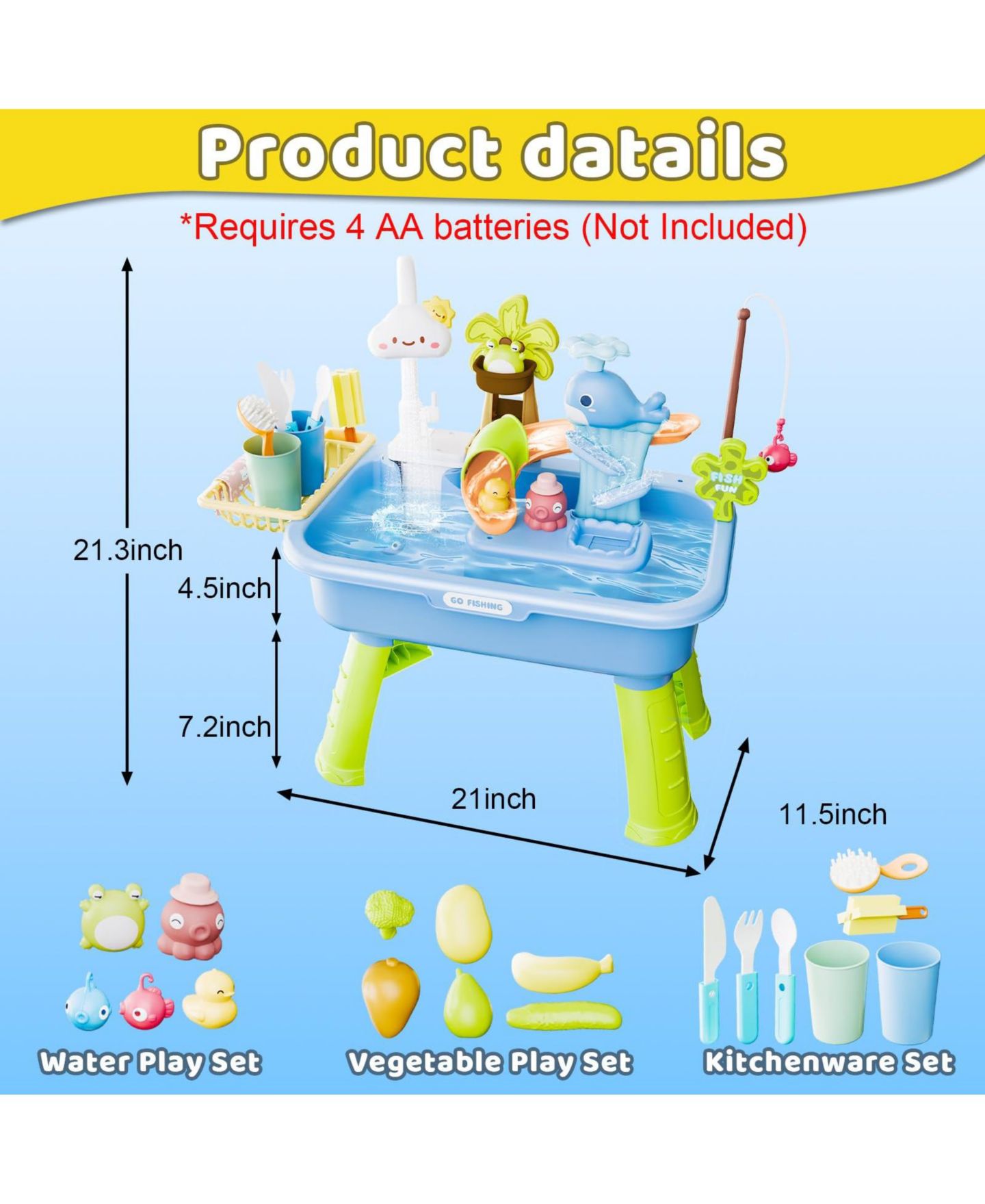 Детский игровой набор GNUADZ 4-in-1 Water Table Kids Kitchen Sink Fishing Play Set, цвет: Синий — фото 2